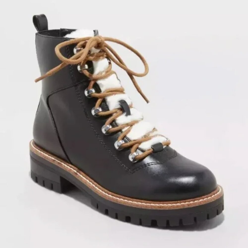 NWOT A New Day Leighton Women's Black Faux Leather & Accent Fur Hiking Boots 7.5